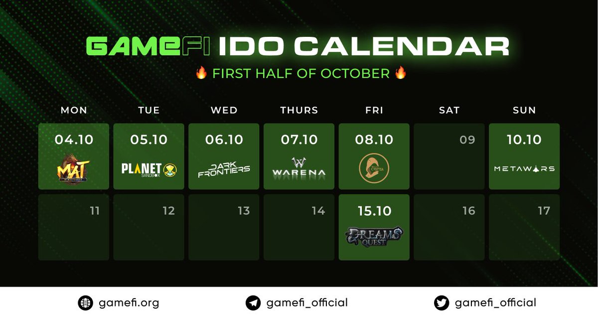 Such a great way to start October 😍
We are excited to introduce you our upcoming IGOs on #GameFi 📢

Oct 4 <a href="/mymasterwar/">MyMasterWar</a>
Oct 5 <a href="/PlanetSandbox/">PlanetSandbox</a>
Oct 6 <a href="/DarkFrontiersGS/">Dark Frontiers</a>
Oct 7 <a href="/WarenaOfficial/">Warena | Hail To The Community 🤝</a>
Oct 8 <a href="/CryptiaOfficial/">Cryptia</a>
Oct 10 <a href="/MetaWarsNFT/">MetaWars</a>
Oct 15 <a href="/DreamsQuestNFT/">Dreams Quest</a> 

$GAFI
