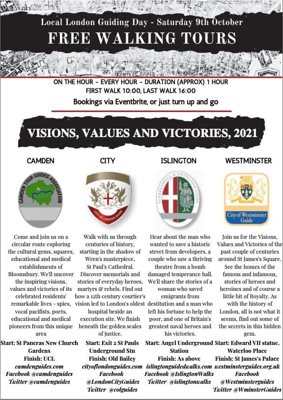 IslingtonWalks's tweet photo. A quick reminder about our #FREE real life guided walks this Saturday 9 October as part of #LocalLondonGuidingDay. 1 hour long walks on the hour every hour between 10 & 4 with the theme 'Visions, Values & Victories'. Starting outside Angel tube https://t.co/6IEGYMrphy https://t.co/ZOSA534AM9