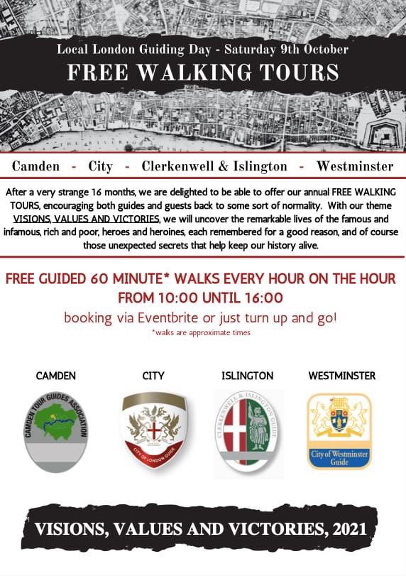 IslingtonWalks's tweet photo. A quick reminder about our #FREE real life guided walks this Saturday 9 October as part of #LocalLondonGuidingDay. 1 hour long walks on the hour every hour between 10 & 4 with the theme 'Visions, Values & Victories'. Starting outside Angel tube https://t.co/6IEGYMrphy https://t.co/ZOSA534AM9
