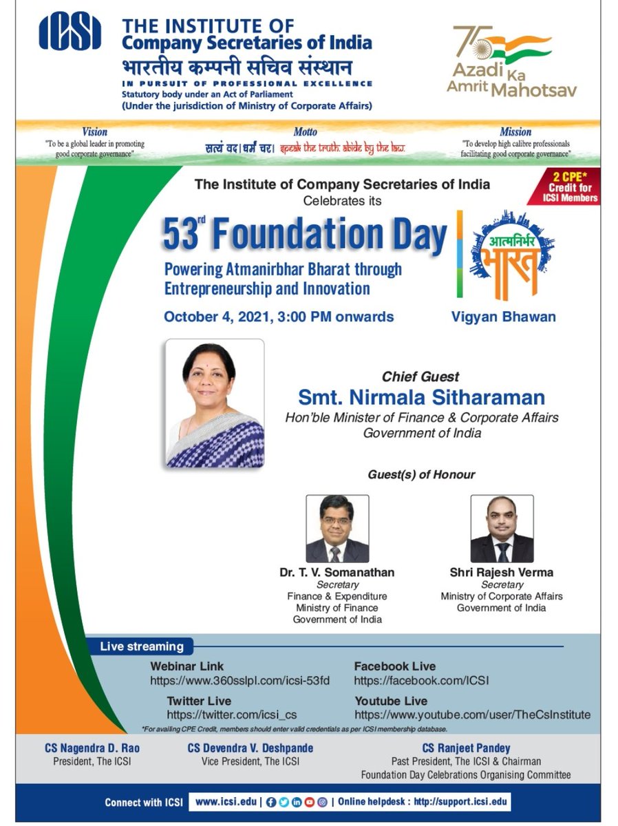 FCSJigarShah's tweet photo. #ICSI celebrates 53rd Foundation Day today in the august presence of Smt. Nirmala Sitharaman, Hon'ble Minister of Finance & Corporate Affairs
#HappyCSDay #ICSIat53 https://t.co/8T9bpmjEAF