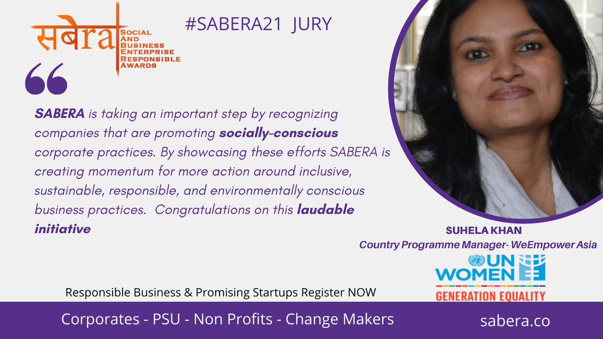 SABERA_awards's tweet photo. Very happy to welcome Suhela Khan to the #SABERA21 jury. She brings with her ex[erience of large-scale transformational programmes on women’s economic empowerment. @unwomenindia
@WEPrinciples 1st round jury starts next week
#sustainability #SDGs #esg #saberaimpact #women #leader https://t.co/mpDC0376zF