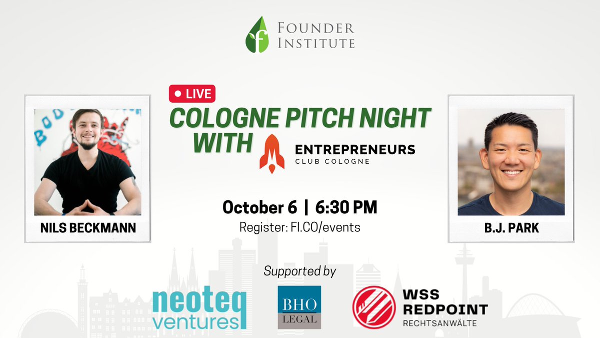 FIcologne's tweet photo. 👀 Just a few days before we go live on our #Cologne Pitch Night event with @bjpark and Nils Beckmann.

🌱 Anyone can join for free at: https://t.co/eLYso72Ukn

🤝 Supported by BHO Legal, @neoteqvc and @wssredpoint. https://t.co/tvdgWm7mgI