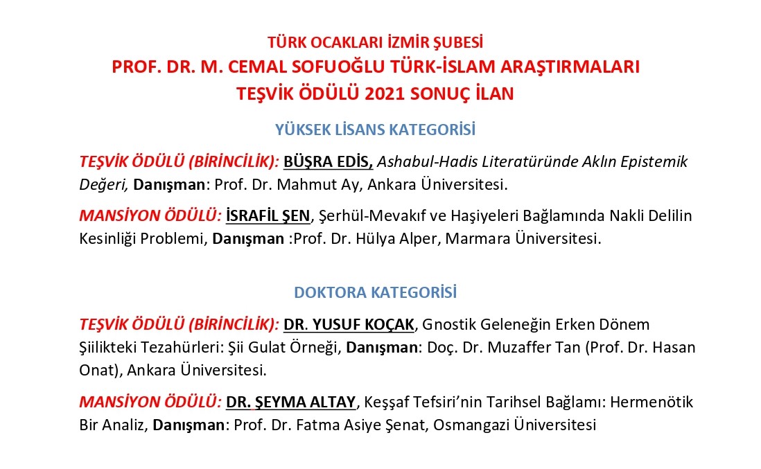 2021 yılı yarışma sonuçları aşağıdaki gibidir. Ödül kazanan araştırmacıları tebrik eder, yarışmaya teveccüh gösteren bütün araştırmacılara teşekkür eder,  başarılarının devamını dileriz.