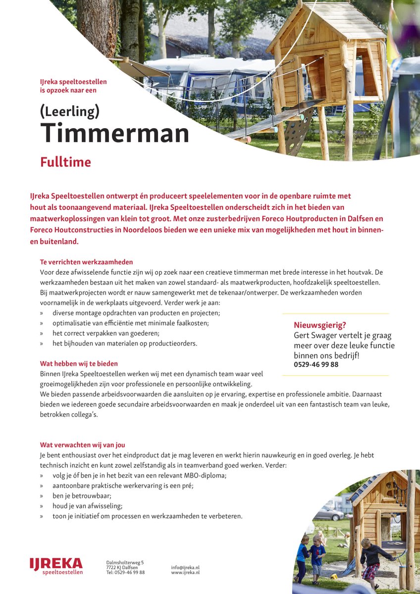Wij zijn op zoek naar een nieuwe #timmerman! (of vrouw) 🔨📏🌲
Lijkt jou het leuk om met houten #speeltoestellen bezig te zijn, en ben je op zoek naar een nieuwe uitdaging? Dan zijn wij op zoek naar jou!

#vacature #dalfsen #zwolle #timmervrouw #vakwerk