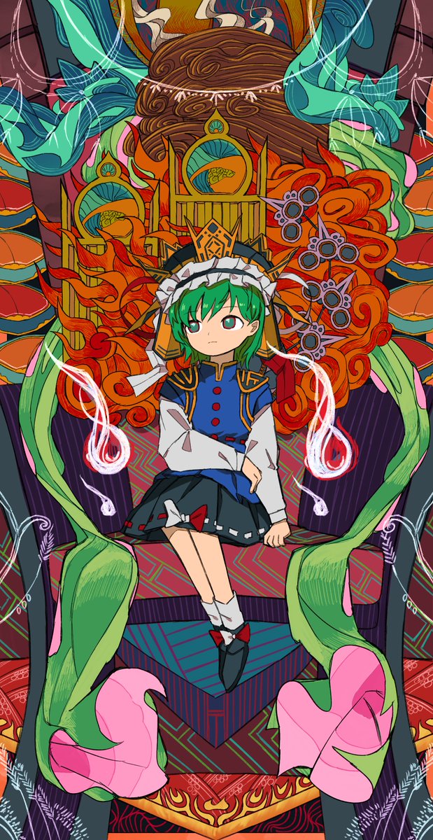 shiki eiki 1girl solo green hair skirt black skirt green eyes hat  illustration images