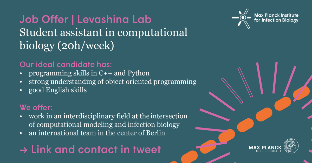 🚨 Job offer! Are you interested in #computationalbiology? Would you like to work in an international team at the heart of Berlin? 
👉 Join the #malaria research <a href="/e_levashina/">Elena Levashina</a> lab as a student assistant: mpiib-berlin.mpg.de/2100136/job_fu…