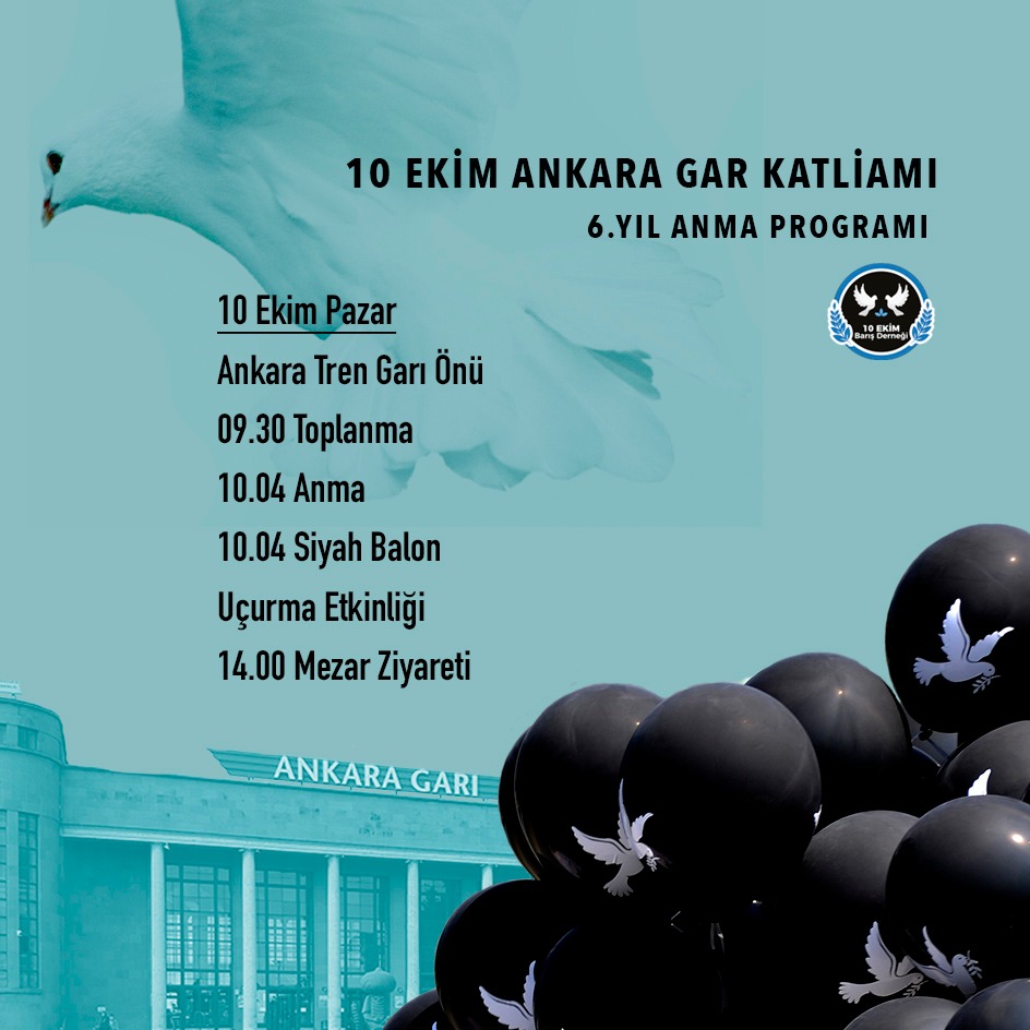 10Ekim15's tweet photo. 10 Ekim 6. Yıl Anma Programı: İnadına ve Hala Barış 
Inadına ve Daima
#10Ekim6yıl
#BarışaUçanKanatlar https://t.co/thVutU4Ukf https://t.co/Uve1Vqd3g7