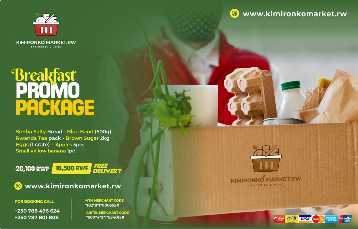 #RwOT
Breakfast is undoubtedly the most important meal of the day. How about you start off your day with our amazing Breakfast Promo Package? 

You'll get all you need at only Rwf 18,500 including FREE DELIVERY.
Call the numbers provided or

Click here 👇🏽
kimironkomarket.rw/product/breakf…