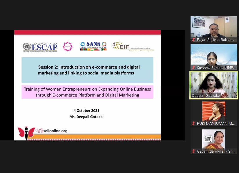 SSWA_UNESCAP's tweet photo. Online Training session for #Womenentrepreneurs on 
Expanding Online Business 
through #ecommerce Platform &amp; #digitalmarketing in progress
#womeninbusiness
#SDG5
#SANSSDGProject
@EIF4LDCs @HangTranEIF4LDC @RajanRatna @Ratnakaradi @UNESCAP @Suveera18 @Wesellonlineorg https://t.co/VyJzCP8i5Z
