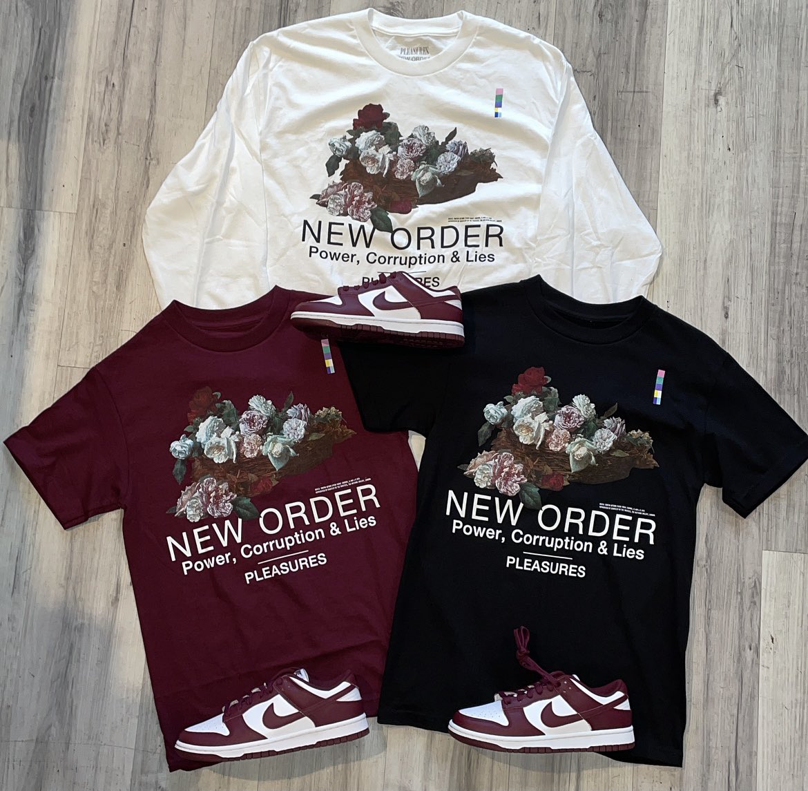 TokenMiami's tweet photo. 🔥NEW IN STOCK 🔥The new #Pleasures “New Order” collection just arrived at the shop this week and the colors match perfectly with the #NikeDunkLow #Beetroot. Swing by the shop this afternoon to cop the set before it sells out. Shop opens today at 1PM. #TokenMiami https://t.co/NK92Llv9m3