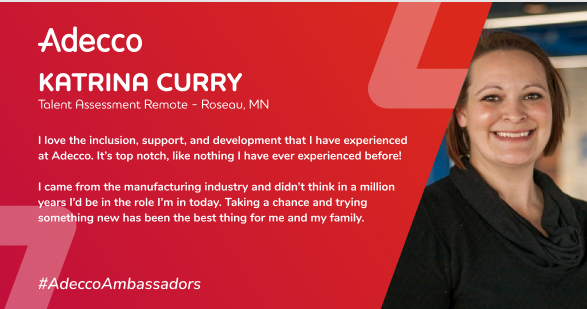 AngieCollege's tweet photo. This week's featured #AdeccoAmbassadors, we celebrate Katrina Curry. Thank you for taking a chance and changing your career with us! We're excited to empower you to live your best life through all your opportunities with Adecco. Congratulations Katrina! https://t.co/CYhCmrCeex