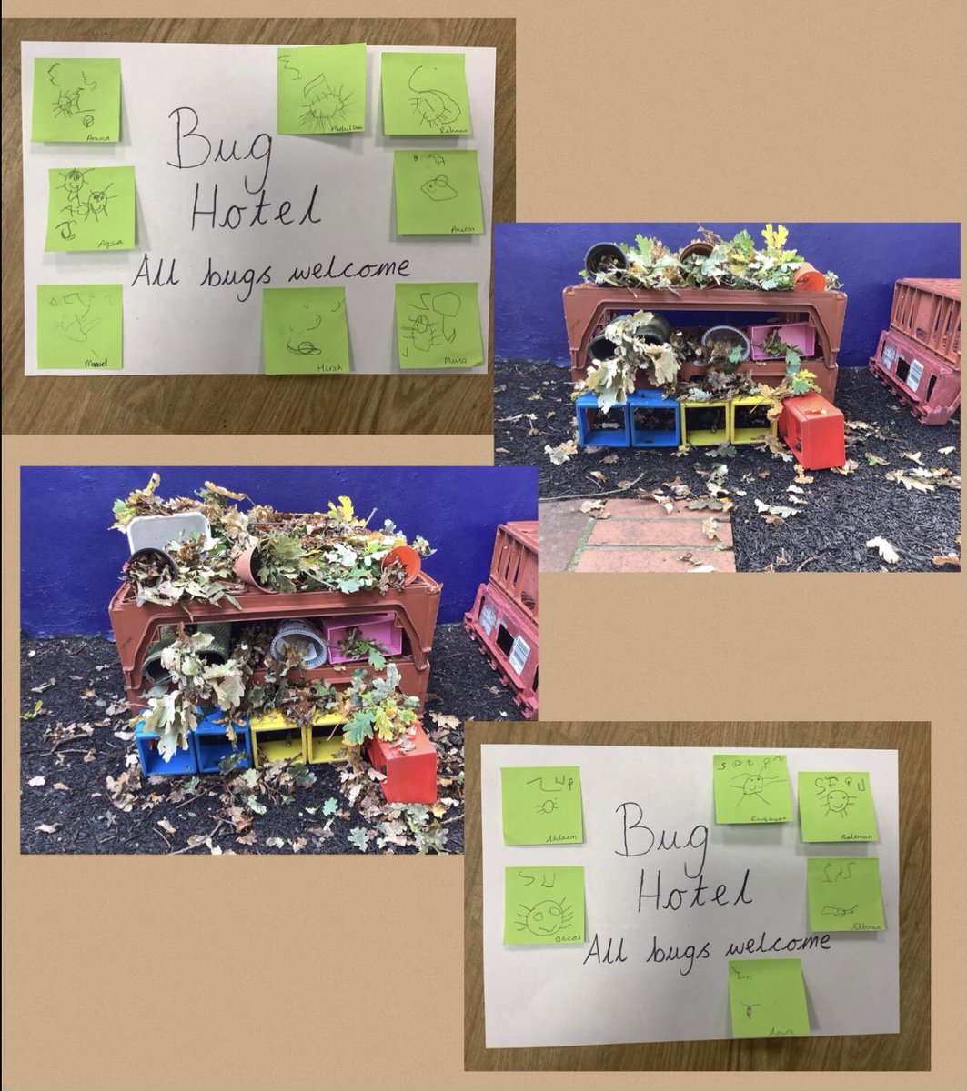 This morning, Reception took their Writing lesson outside. They made a bug hotel for snails, slugs and spiders and made their very own hotel signs. #eyfs #writingforapurpose #markmaking 🕷 🐌 🐜