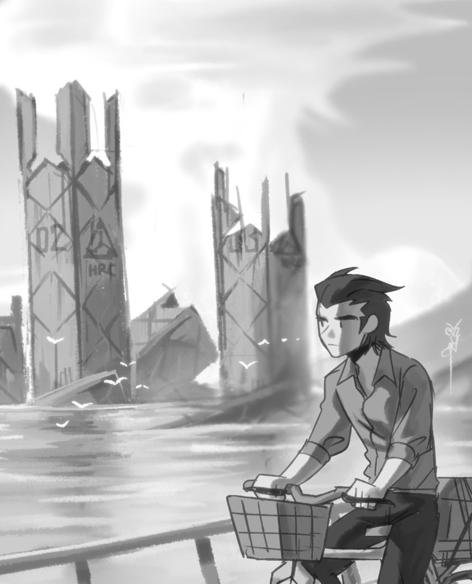 grey_owl22's tweet photo. Hilltober Day IV : Travel 

Brett rides his bicycle, passing by the decade old flooded ruins of the HRC research facility in the Ocean Lake

#Hilltober 
#OTHFanart https://t.co/sv0Go9hjDe