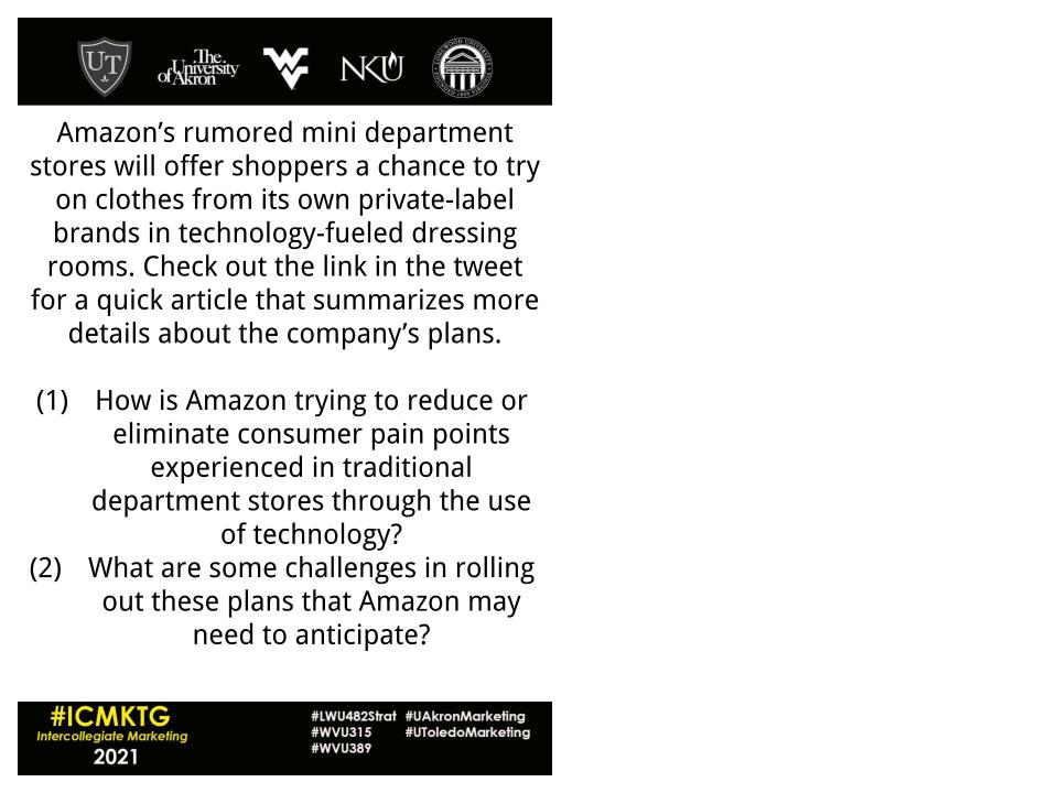 AlexaKaye3's tweet photo. Everyone thinks of @amazon as being completely digital, but change may be on the horizon. Check out this article &amp; answer the questions regarding the company's department store plans, #ICMKTG! #UAkronMarketing #LWU482Strat #WVU315 #WVU389 #UToledoMarketing
https://t.co/jzeVEy6WLq https://t.co/X2wrU1Ob6K