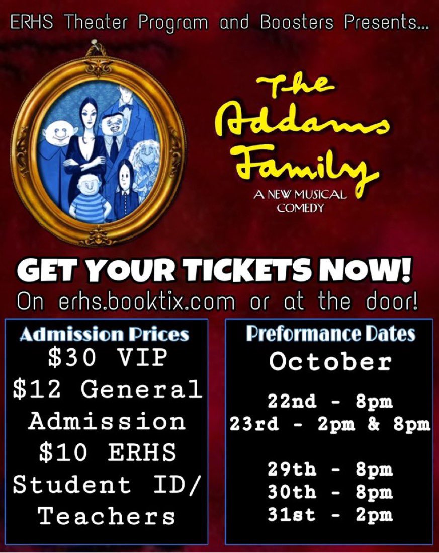 It’s ERHS Addams Family month and we’re putting on an incredible musical! Come on out and support the performers! Get your tickets today! ERHS.booktix.com 
#addamsfamily