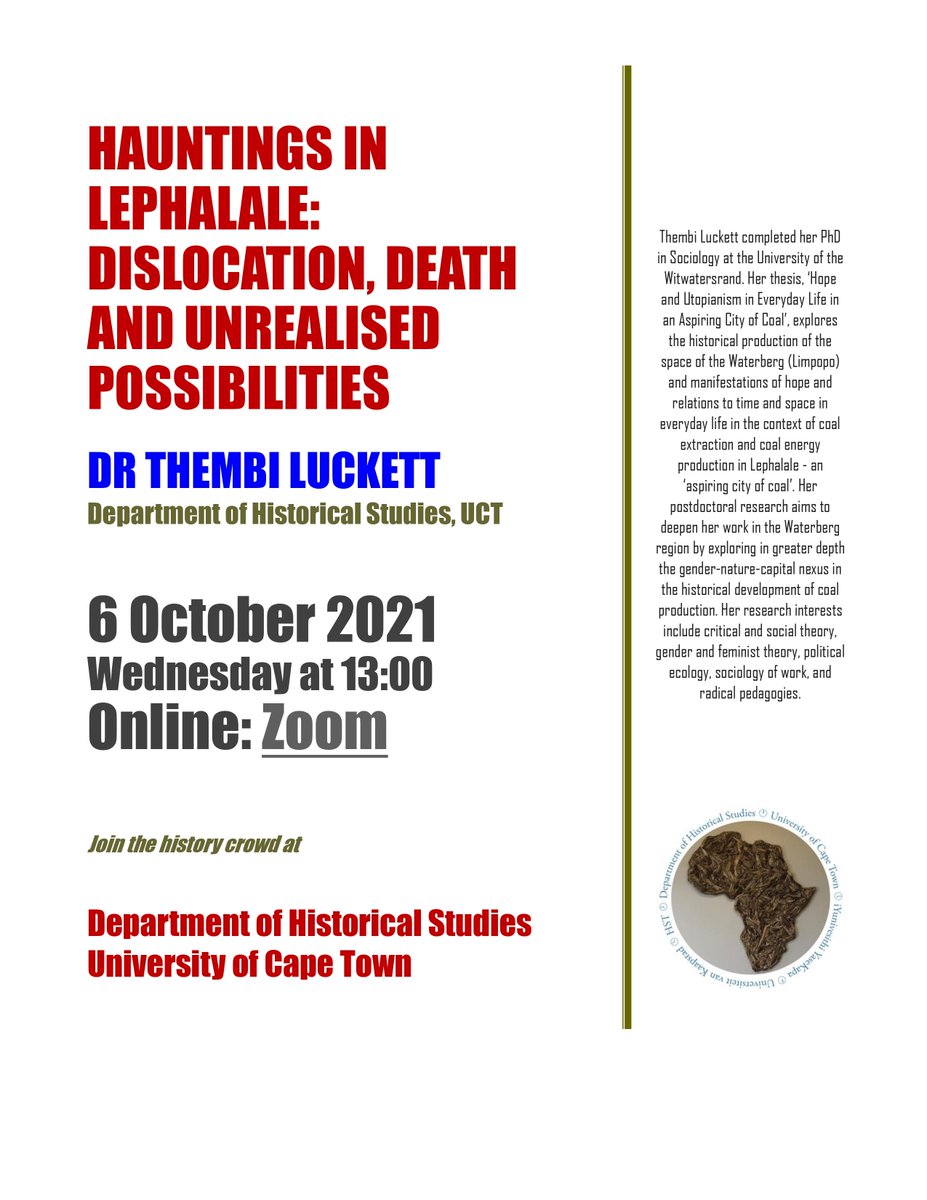 UCT_HST's tweet image. Join us for a lunchtime seminar on Wednesday?
uct-za.zoom.us/j/94039555725?… OR Meeting ID: 940 3955 5725
Passcode: 297012 #Lephalale #Hauntings #History #Dislocation #Death #SouthAfricanHistory #AfricanHistory