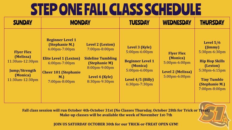 ✨NEW✨Class schedule starts TONIGHT!  There’s still time to register. Click the link below ⬇️

step1allstars.com/2021/08/newyea…