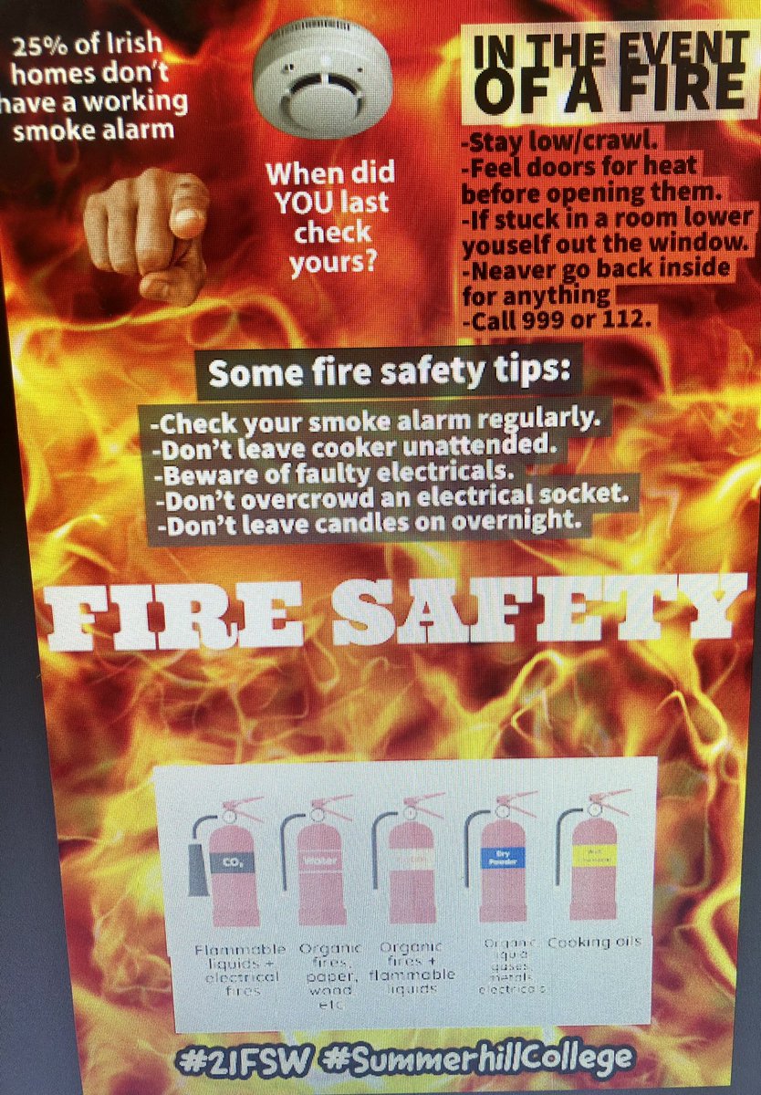 DervillaCasey's tweet photo. Itโs Fire Safety Awareness Week 2021 & so @cicsummerhill TYโs are busy creating fire safety awareness posters to display around the school as part of @BFireSafeSchool programme.Remember โWorking Smoke Alarms Save Lives-Test Yours Weeklyโ#21FSW #BFireSafe @tydotie @McHaleCaroline https://t.co/prAgGfOtwp