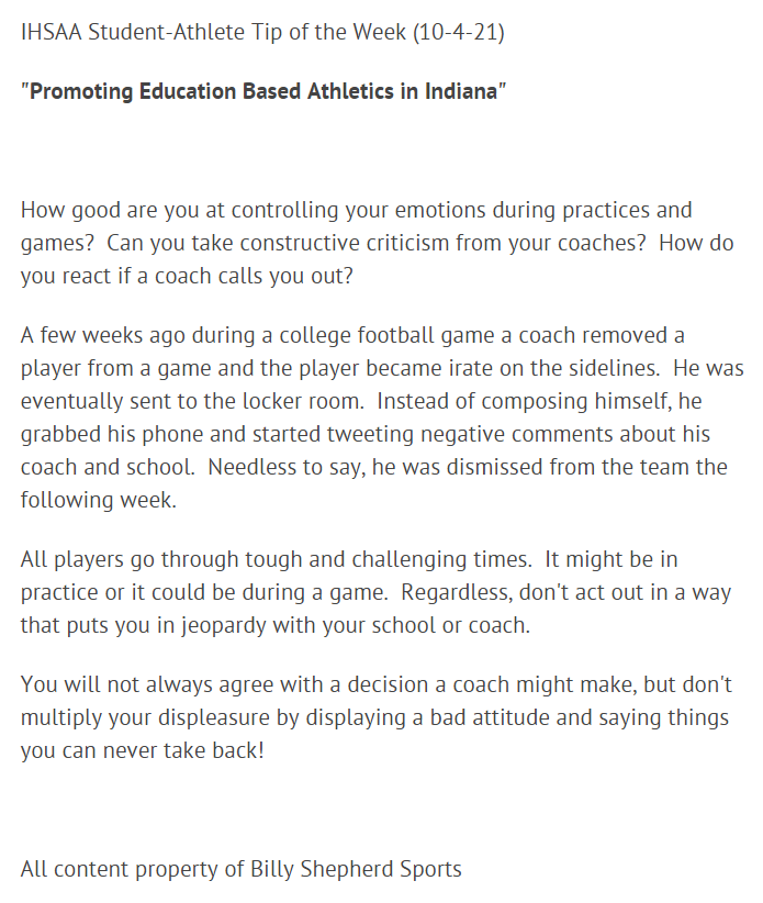 IHSAA Student-Athlete Tip of the Week (10-4-21)