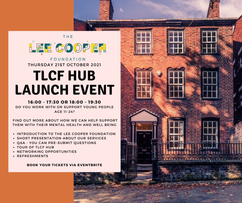 theleecooper_f's tweet photo. 21st October
MENTAL HEALTH HUB LAUNCH 

TLCF provides mental health support to young people. Since 2018 we have grown a lot as an organisation &amp; now have our own premises. Please come along to hear how we can support professionals and our young people

https://t.co/YHSU3dwIr8 https://t.co/7NikSjNjth