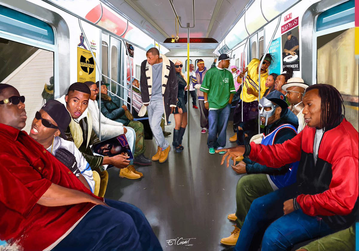 “New York Subway” by @El_Cesart (I.g: cesar_does_it) Featuring some of the best NY MCs. plz share. #blackart #newyork #subway #elcesart #big #jayz @Diddy @WuTangClan #wutang @LilKim @RZA @50cent @BustaRhymes @Therealkiss @methodman @therulernyc #foxybrown #badboys #yasiinbey