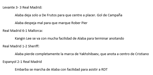 trejinho_15's tweet photo. @AlvaroBenitoV no me había dado cuenta de este dato y me encantaría tu opinión: de 8 goles con él en el campo, Alaba "sale en la foto" de 4 (3 de ellos han costado puntos), más el de champions. Sin embargo, todo el mundo habla de rendimiento 10... https://t.co/msjeic6BD2