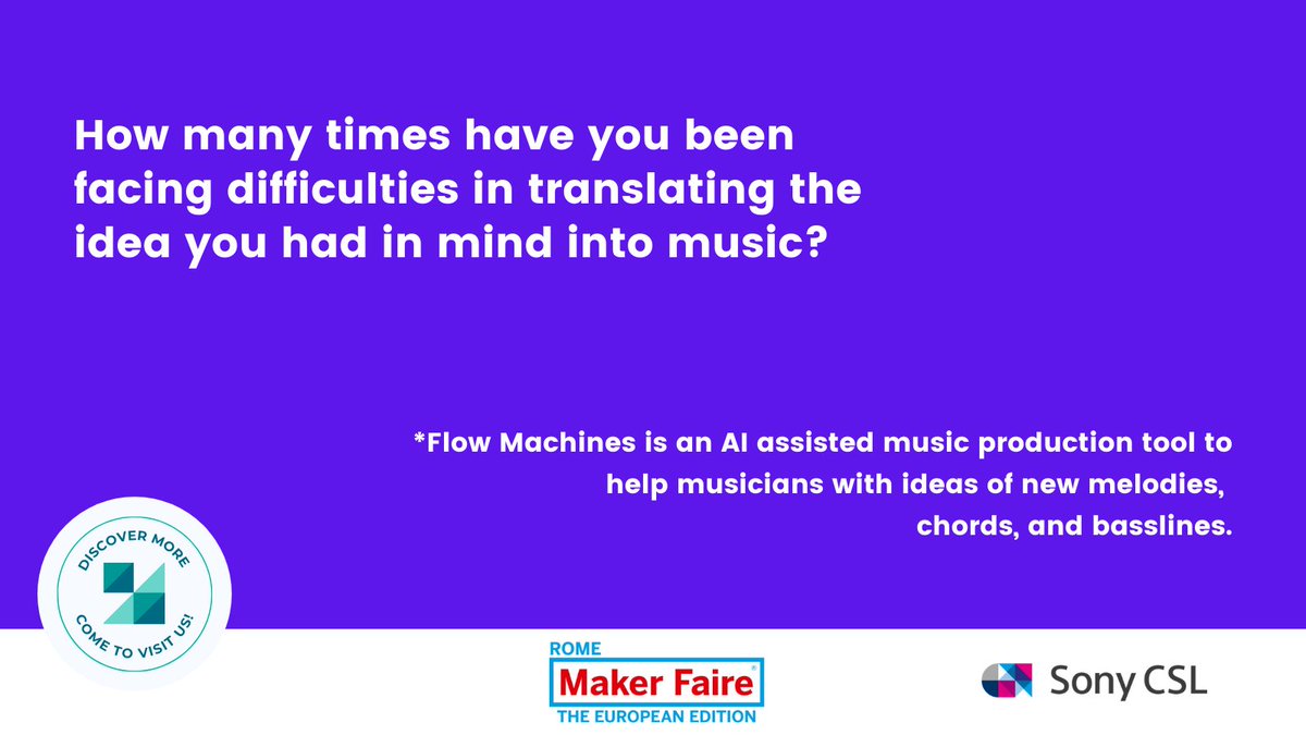 SonyCSLParis's tweet photo. When the music flows... Find out about #FlowMachine at our #OpenHouse at #MFR2021! 
@MakerFaireRome @SonyCSLMusic #SonyCSLParis https://t.co/g2C3jT3ZyU https://t.co/k0So80Cmrr