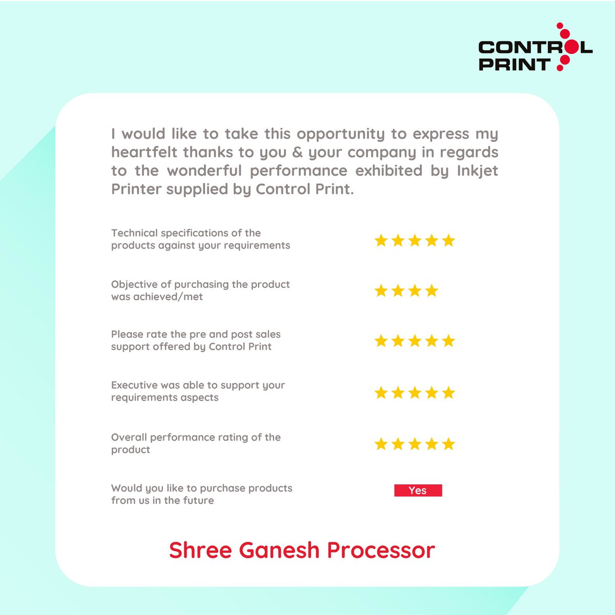 controlprintltd's tweet image. Shree Ganesh Processor have been associated with Control Print for the last 9 years and are happy with the overall performance exhibited by the products installed. 
#testimonial #cpl #controlprint #inkjet #printer #tij #innovation