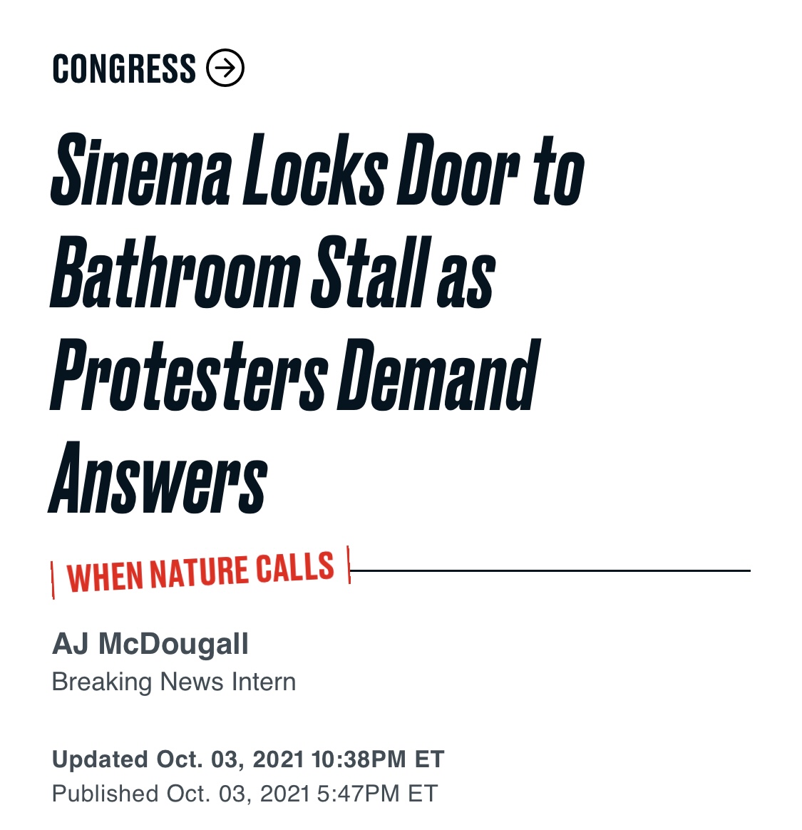 RyanEmison's tweet photo. @oldmcdougall How can you write a title like this with a straight face? Is going to the toilet "locking yourself in the bathroom" now? And all it takes to be an "activist" is screaming at someone taking a piss? You're going to make a great journalist. https://t.co/SE5BfDhm8T