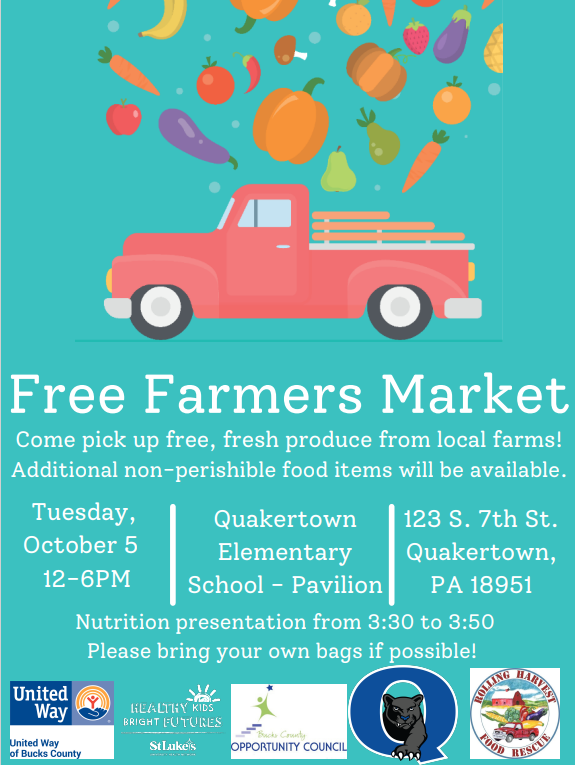 BCOpportunity's tweet photo. BCOC is proud to partner with other local organizations to help provide FREE local produce to those experiencing hunger. If you live within the Quakertown School District, stop by Quakertown Elementary on Tuesday 10/5 from 12-6pm to grab some fresh food!

#feedingourcommunity https://t.co/JY7l2CSlco