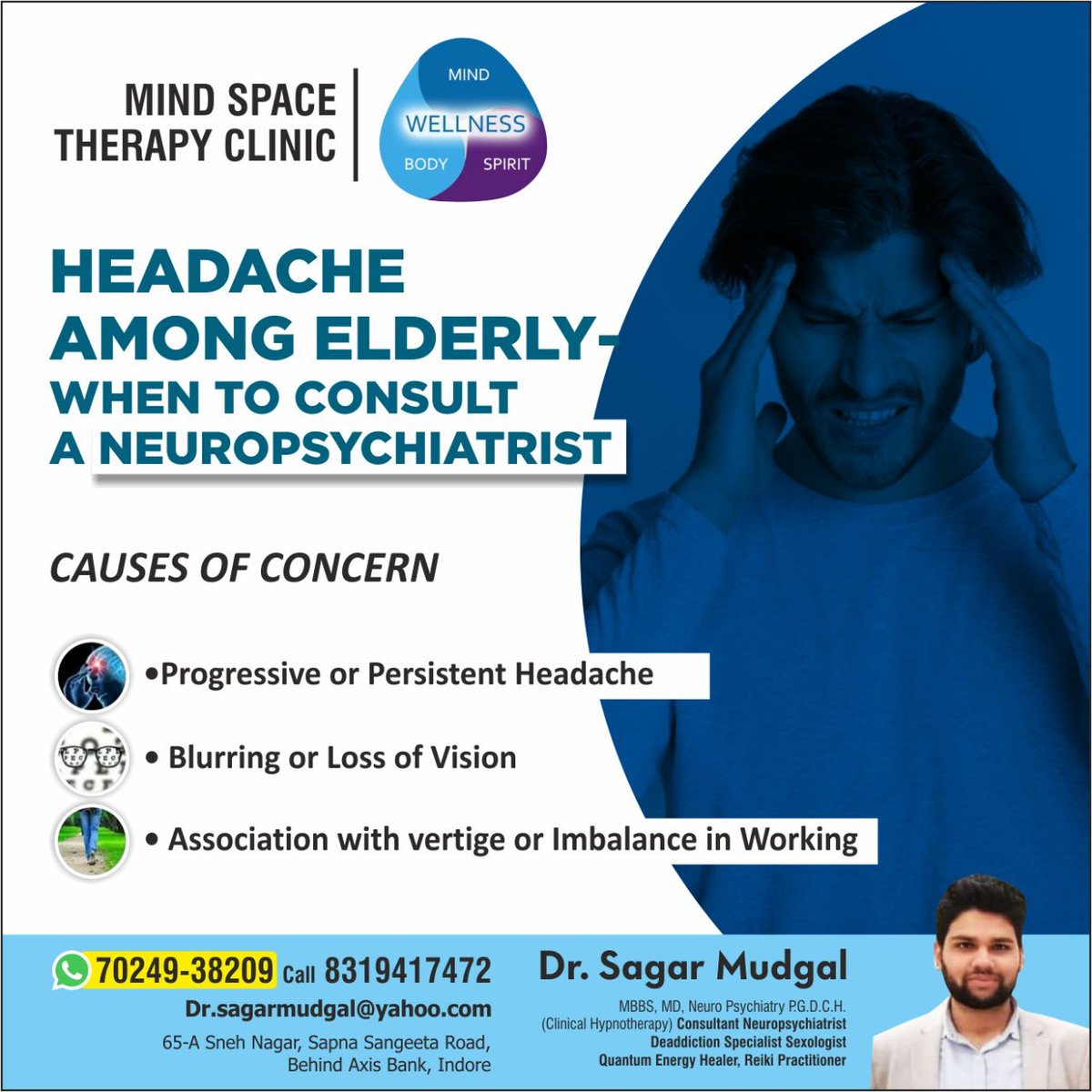 Headache Among Elderly - When to Consult a NEUROPSYCHIATRIST?
Older people have fewer headaches than younger ones,and women have more headaches than men throughout their lives.#Psychiatricissue #Addictionproblem #Headaches #Sleepproblem  #Sexualproblem #OCD #stress #drsagarmudgal