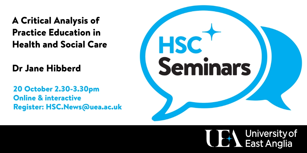 ueahealthsci's tweet photo. Our next #HSCSeminar is on Wednesday 20 October! Hear @JaneHibberd20 present on her EdD thesis #PracticeEducation in #Health and #SocialCare: Integrating #DisabilitiesStudies, the #CapabilityApproach and the International Classification of Functioning, Disability and Health. https://t.co/cbM0Cm2O1K