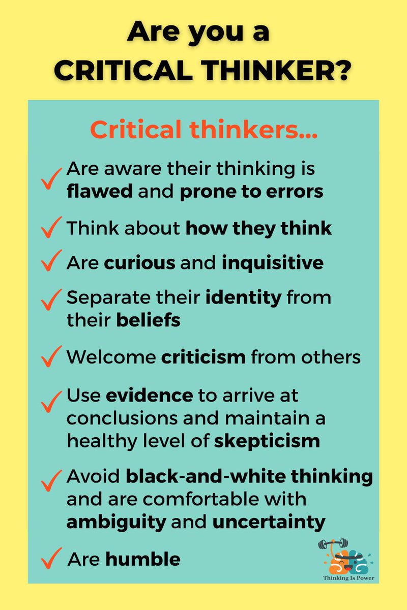 ThinkingPowers's tweet image. #ScienceForLife: Day 14: #CriticalThinking is empowering

Everyone thinks…&amp;amp; everyone thinks they’re good at thinking.
 
But good thinking is hard &amp;amp; it doesn’t come naturally. It’s a skill that has to be learned &amp;amp; practiced. 

Reading: thinkingispower.com/are-you-a-crit…