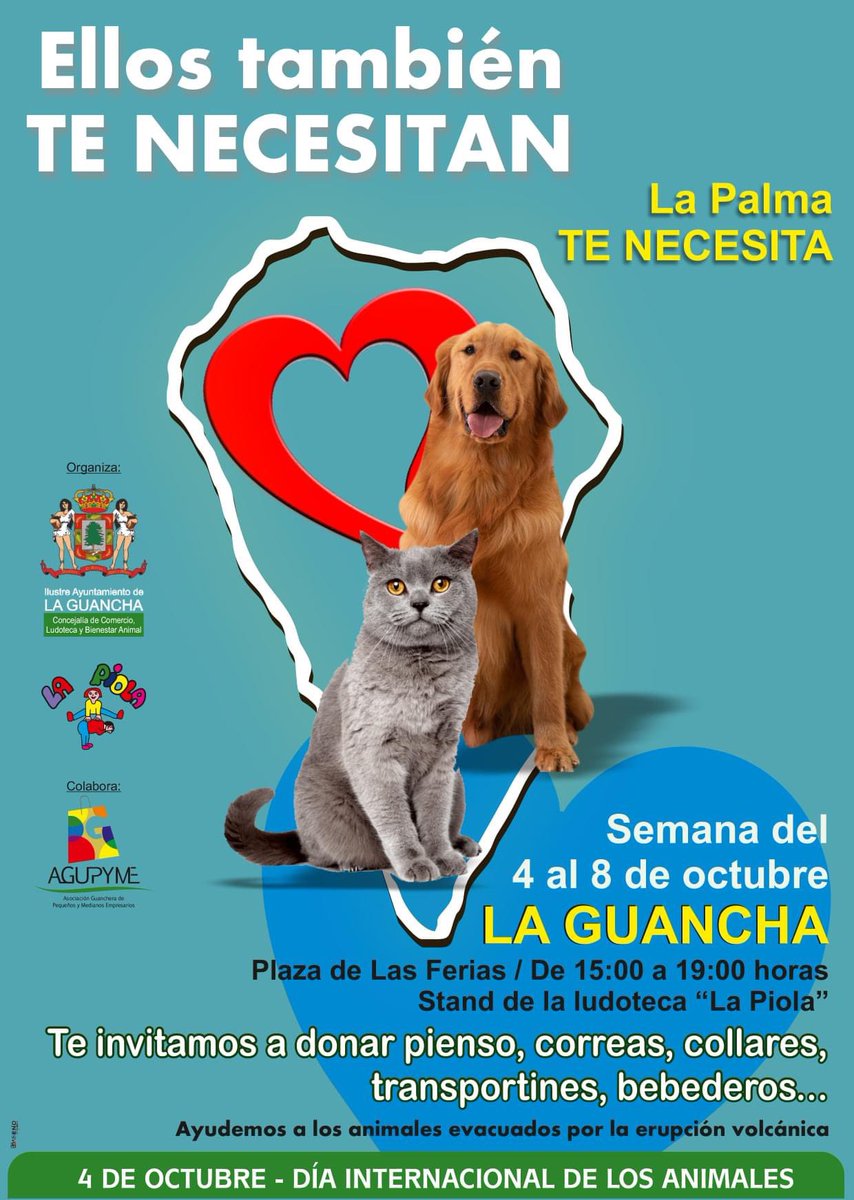 aytoguancha's tweet photo. #LaGuancha, a través de la ludoteca #LaPiola, pone en marcha una recogida solidaria de productos para animales. Todo lo recaudado irá destinado a la isla de #LaPalma.
Participa👇🏽 https://t.co/uwjYI5qf60