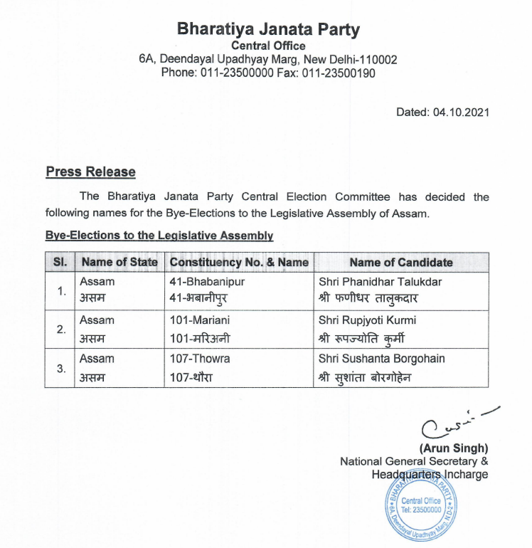 बीजेपी ने असम की तीन विधानसभा सीटों पर होने वाले उपचुनाव के लिए अपने उम्मीदवारों की घोषणा की