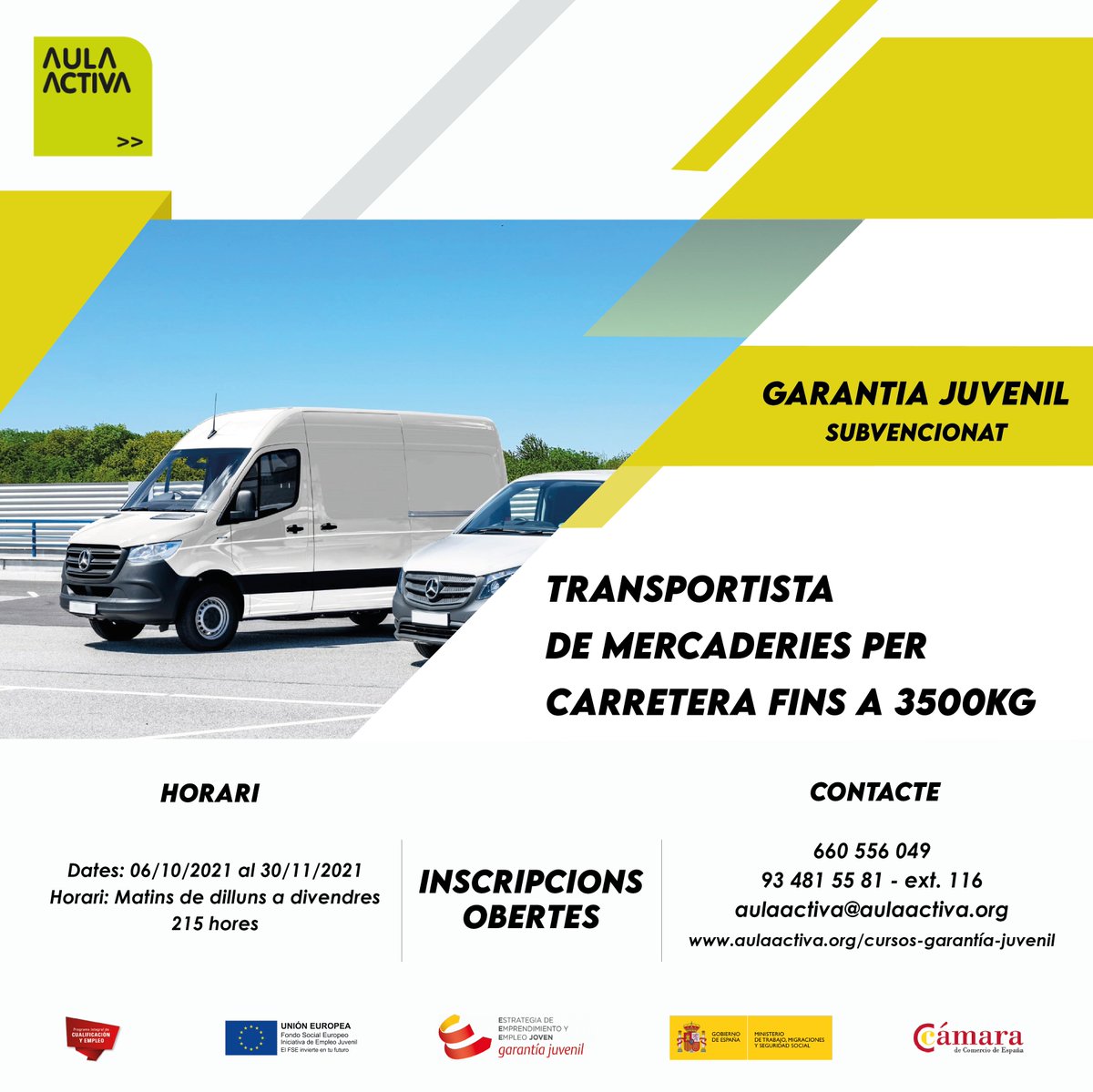 aula_activa's tweet photo. Vols treure't el carnet tipus B però no tens recursos? 🚗

Si ets major de 18 anys, a @aula_activa amb @garantia_juv t'ho oferim ❗️ SUBVENCIONAT ❗️
No perdis l'oportunitat 🔝
 
🔴Últimes places🔴
👇Info
☎️93 481 55 81 ext-116 / 660 556 049
📩@aula_activa https://t.co/WcQdbBPhx6