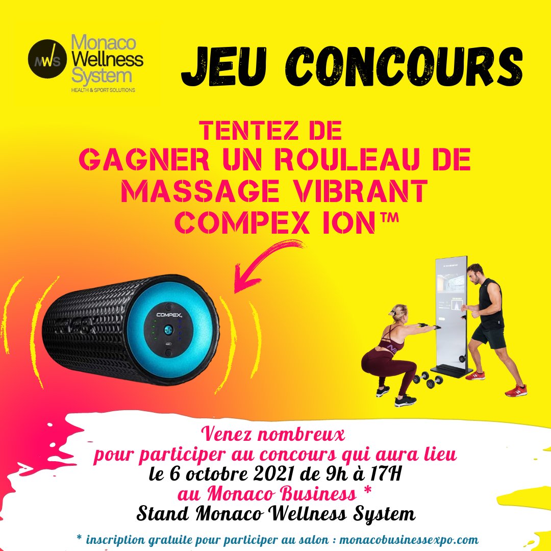 😃 Participez à notre ⭐#jeuconcours⭐pour tenter de gagner un rouleau de massage vibrant Compex Ion.
Conditions : 
👉 S'inscrire : monacobusinessexpo.com
👉 Nous rendre visite
👉 Participez au challenge #RestezActif
Le gagnant sera désigné en fin de journée sur le stand
#monaco