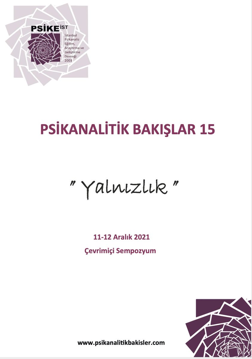 Yalnızlık üstüne psikanalitik açıdan birlikte düşünmek için sizleri 11-12 Aralık 2021’de Psikanalitik Bakışlar 15 çevrimiçi sempozyumumuza bekliyoruz.
facebook.com/psikeistanbul/…