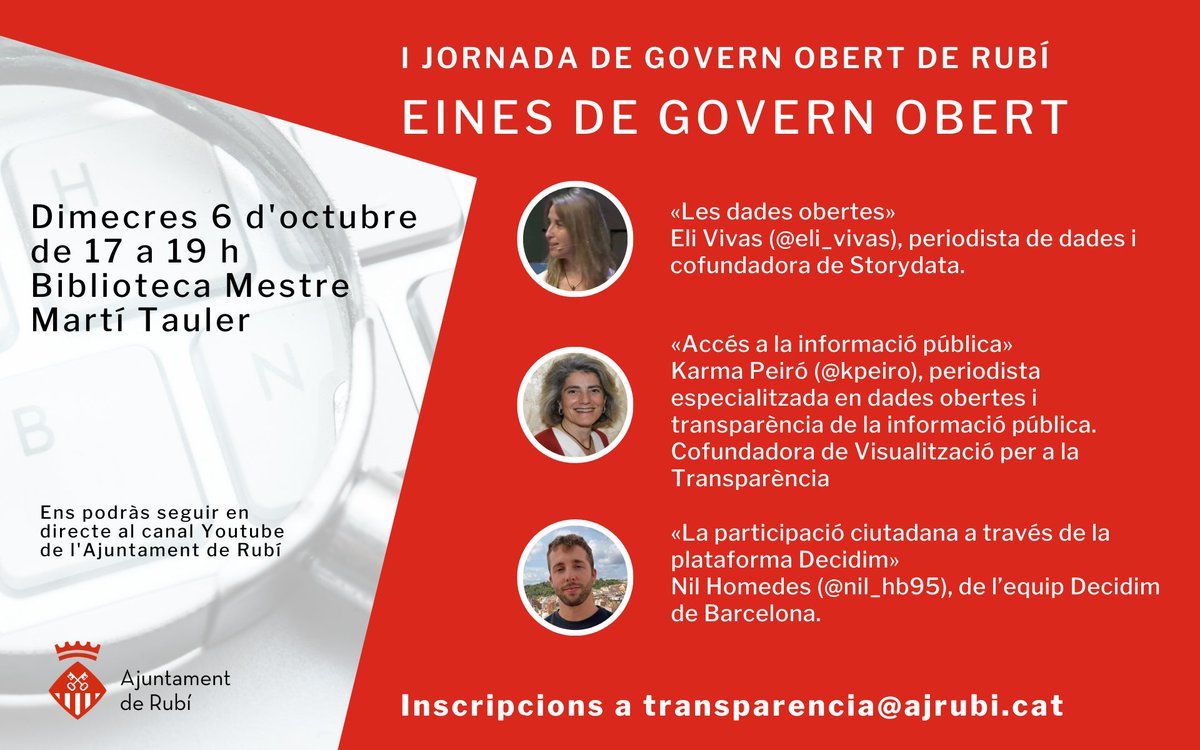 RubiGovObert's tweet photo. 🔢 Vols saber com entrar al portal de #dadesobertes?

👥 T'agradaria participar als processos participatius de l'@AjRubi?

ℹ️ Saps com funciona el dret d'accés a la informació?

Ho expliquem a la jornada de #governobert de #rubicity 

 👉Inscripcions a: transparencia@ajrubi.cat https://t.co/Jvaqu52zr1