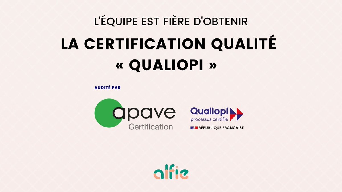L’équipe d’alfie est fière d’avoir obtenu la certification « Qualiopi » 🥳😎💪

Cette certification vient récompenser 2 mois et demi de travail à temps plein pour nos équipes. Des process nécessaires pour améliorer la qualité de nos formations et de notre accompagnement🙌