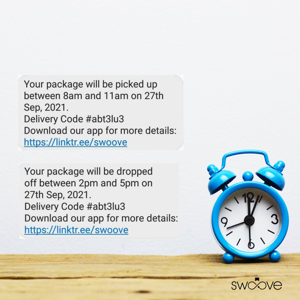 The time update is here! Get notified of the time frame your package will be picked up or dropped off!

#swoove #startup #logistics #delivery