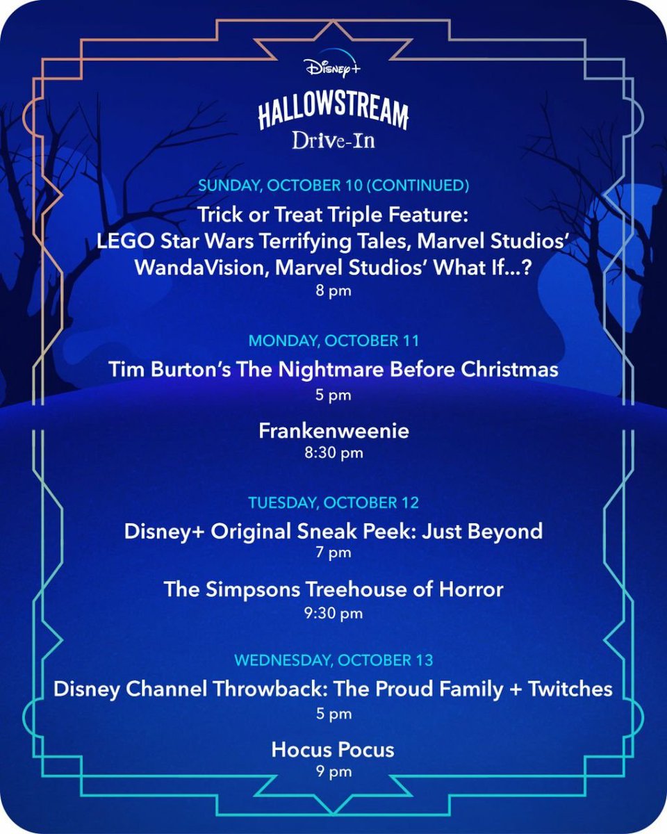 binge_holics's tweet photo. Disney+ hosting a #Hallowstream Drive-In  👻 Check out the spooky showtimes https://t.co/qa3ecQgDgK