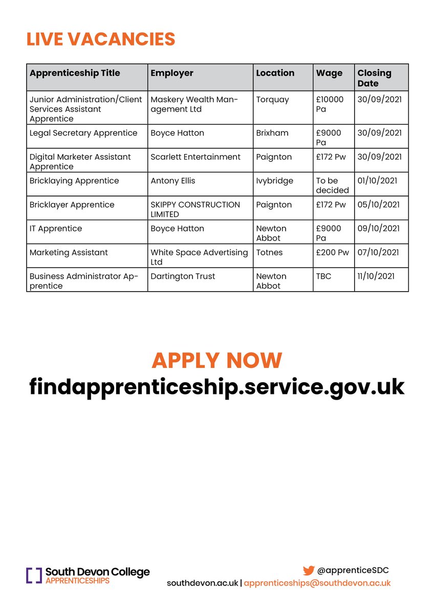 cfieldsdc's tweet image. There are some amazing Apprenticeship vacancies on offer at the moment. Check out the list below and apply today! #southdevoncollege #apprenticeships #yourfuture