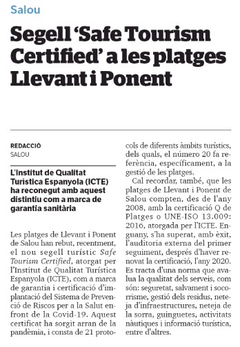AjuntamentSalou's tweet photo. 🏖️ Diari de Tarragona también difundió, este sábado pasado, el nuevo sello turístico 'Safe Tourism Certified', que han recibido las playas de Llevant y Ponent de #Salou, el cual garantiza la seguridad de los usuarios ante la COVID-19. https://t.co/QZu8907WUp