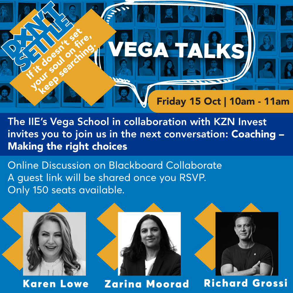 VegaSchool's tweet photo. Join us for our Vega Virtual Talks #8: Coaching – Making the right choices
Friday 15 October 10am to 11am
We have an exciting array of speakers!
RSVP by Wednesday 13 October!
https://t.co/TOW0kWUYMJ
You don't want to miss this!
#VVT
#MakingTheRightChoices https://t.co/XkELfVhHgD