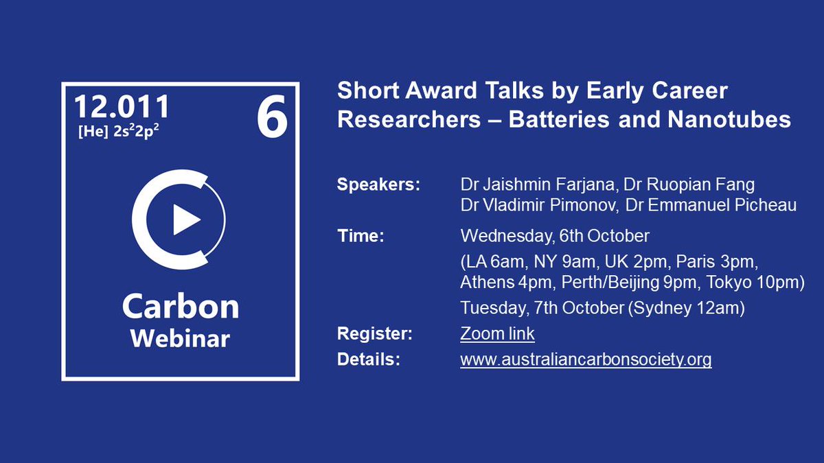 NanocarbonGroup's tweet photo. One of our group member Dr. Farjana J Sonia going to give a webinar organized by Australian Carbon Society: https://t.co/kM0wiZoc2E on 6th October UK 2pm, Paris 3pm, India 6.30pm, LA 6am. Registration is open now, and it's free of charge. https://t.co/c3VmjG0UUZ