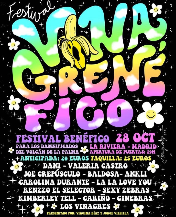 Reservad el día 28 de octubre: la música busca apoyar a los damnificados del volcán de La Palma. <a href="/losvinagres/">Los Vinagres</a> <a href="/GinebrasBanda/">GINEBRAS</a> <a href="/valeriacasrod/">Valeria Castro</a> <a href="/carolinadurante/">CAROLINA DURANTE</a> y muchos más presentado por <a href="/VirginiaDiazR3/">Virginia Díaz</a> y Jorge Vileilla
#FestivalVinagrenéfico