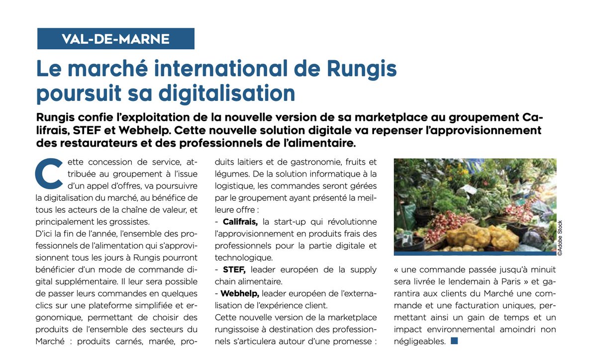 | PRESSE | @Annonce_Legales présente la nouvelle version de la #marketplace du <a href="/marchederungis/">Marché de Rungis</a> confiée au groupement <a href="/Califrais/">Califrais</a>, <a href="/STEFGroup/">STEF</a> et @Webhelp_FR 👇