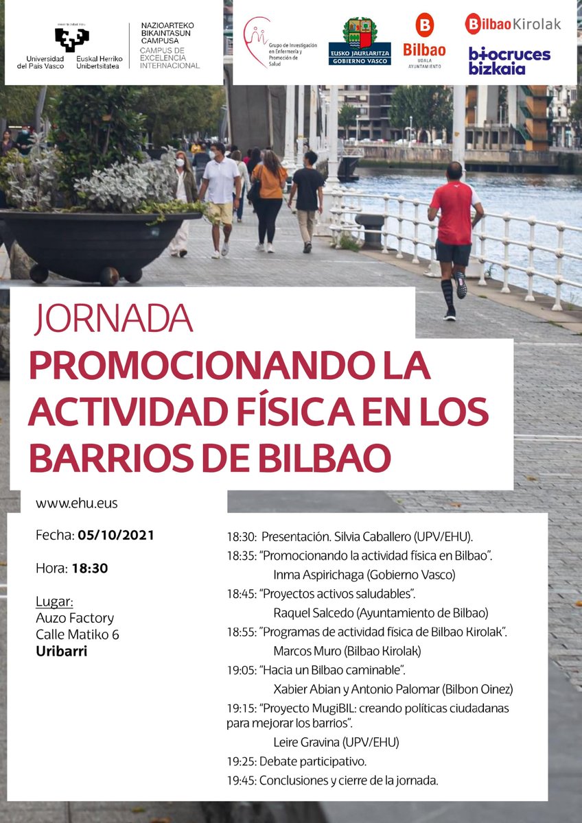 Este martes 5 de octubre hemos organizado estas Jornadas de la <a href="/upvehu/">UPV/EHU</a> donde participarán ponentes del Gobierno Vasco <a href="/Irekia/">IrekiaEJGV</a>, <a href="/bilbao_udala/">Bilbao [Udala - Ayuntamiento]</a>, <a href="/bilbaokirolak/">Bilbao Kirolak</a>, <a href="/BilbonOinez/">Bilbon Oinez elkartea</a> y <a href="/BilbaoSaludable/">Mi Barrio Saludable</a>