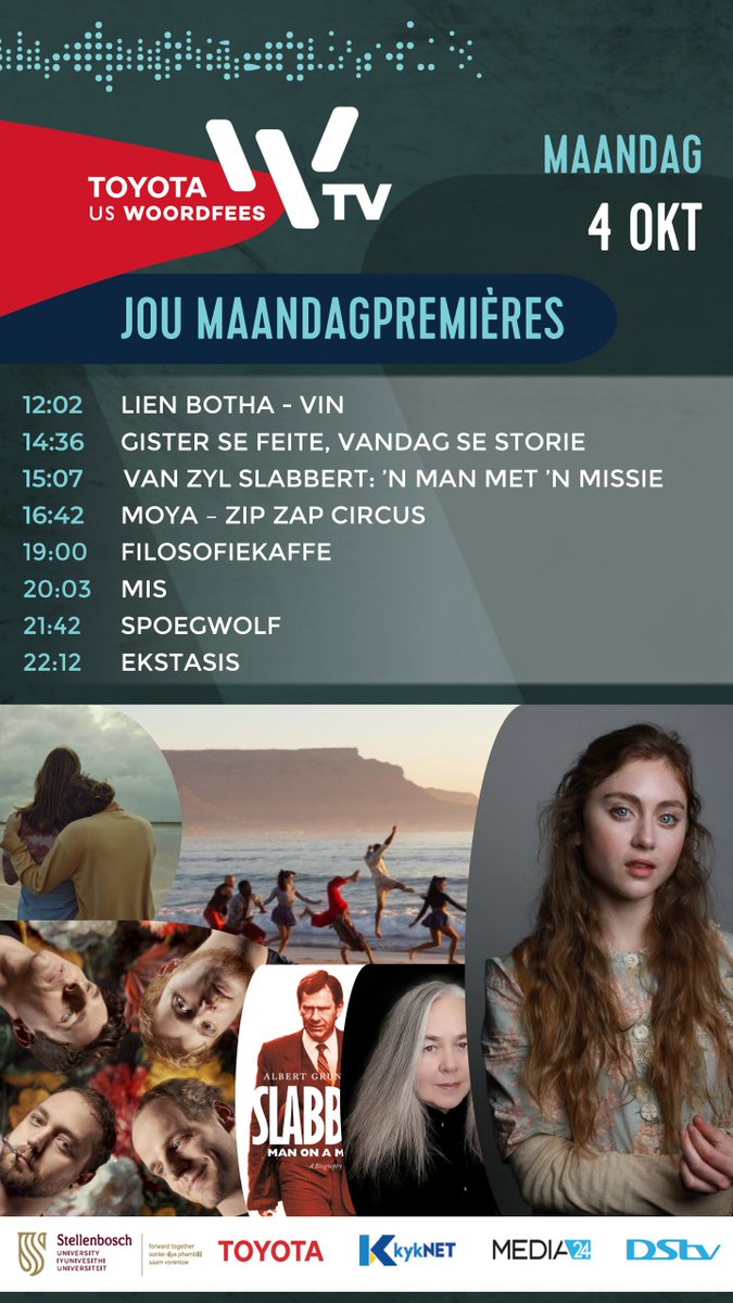 Toyota Stellenbosch Woordfees (@woordfees) on Twitter photo Vandag die eerste keer op #WoordfeesTV <a href="/DStv/">DStv</a>-kanaal 150 en <a href="/GOtvNamibia/">GOtv Namibia</a>-kanaal 15
#ToyotaUSWoordfeesTV
#IetsAnders
<a href="/ToyotaSA/">@ToyotaSA</a> <a href="/StellenboschUni/">Stellenbosch University</a> <a href="/Netwerk24/">Netwerk24</a> <a href="/kykNETtv/">kykNET TV</a> Vandag die eerste keer op #WoordfeesTV <a href="/DStv/">DStv</a>-kanaal 150 en <a href="/GOtvNamibia/">GOtv Namibia</a>-kanaal 15
#ToyotaUSWoordfeesTV
#IetsAnders
<a href="/ToyotaSA/">@ToyotaSA</a> <a href="/StellenboschUni/">Stellenbosch University</a> <a href="/Netwerk24/">Netwerk24</a> <a href="/kykNETtv/">kykNET TV</a>